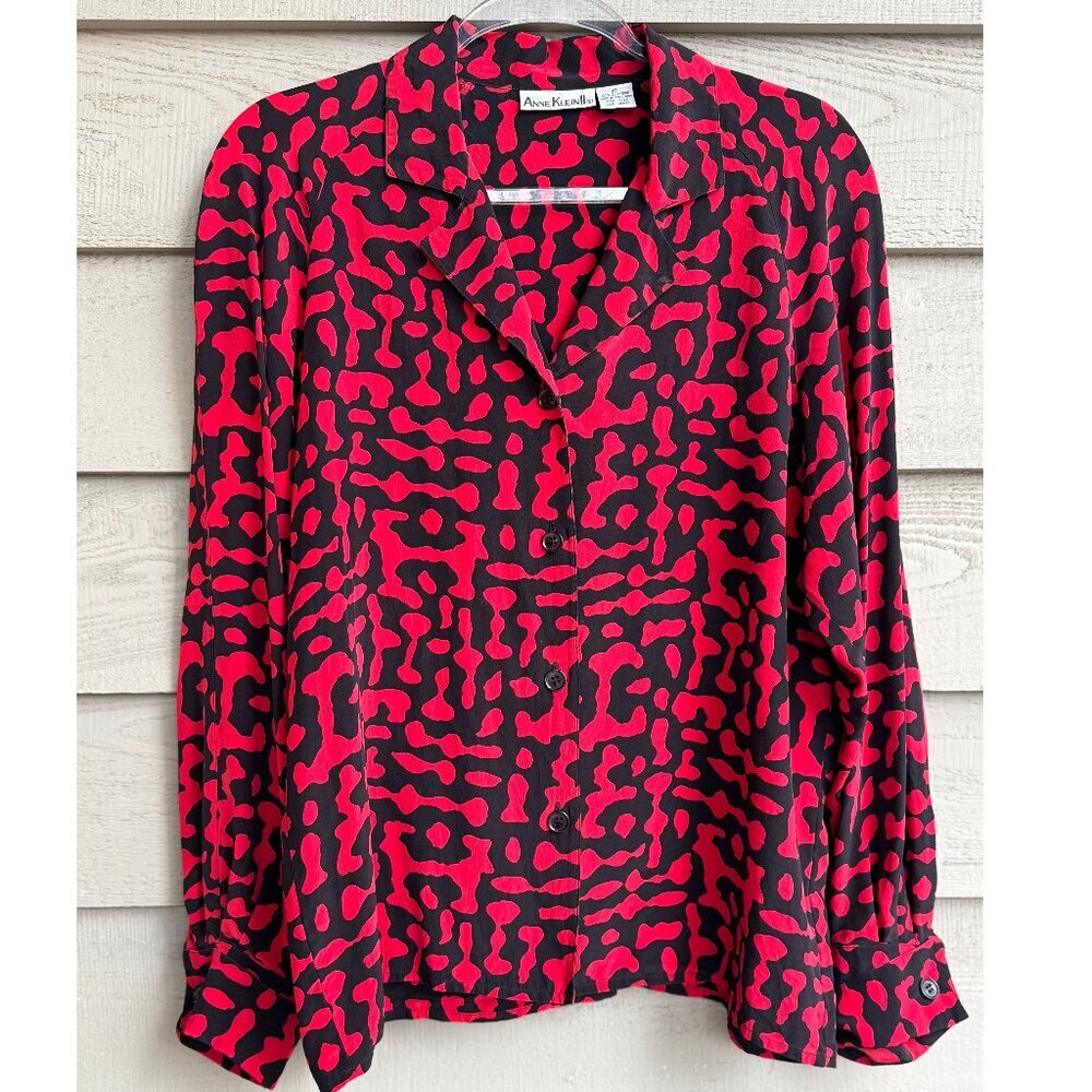 Vintage Anne Klein II Silk Blouse Size 10 Red Black Abstract Print